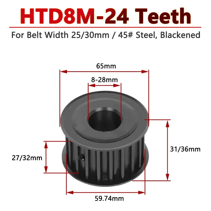 

1pc 24 Teeth HTD8M Steel Timing Pulley 24T 8M Drive Synchronous Wheel for Belt Width 25mm 30mm Bore 8/10/12/12.7-28mm Pitch 8mm