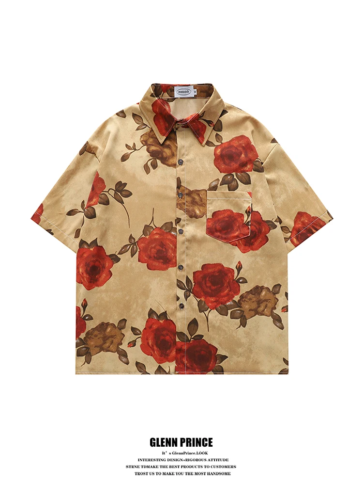 

Мужская летняя рубашка с винтажным принтом роз, новая модель, повседневная, из полиэстера, приятная к коже, дышащая