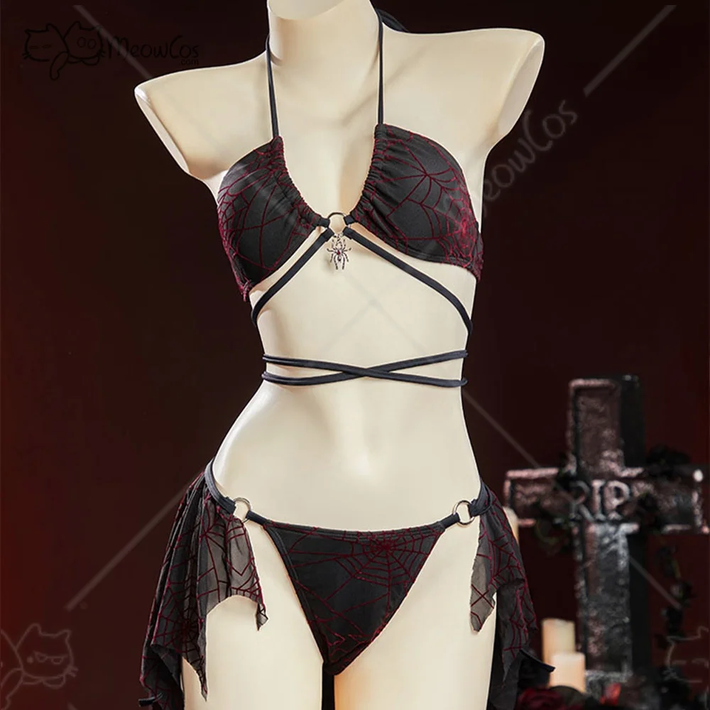 Meowcos Women's Bikini Sets Gothic Spider Web Design Dark Style Swimsuit Two Piece Halter Back Swimwear Set
