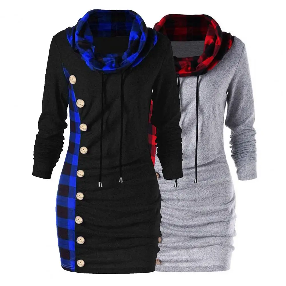 Women Plaid Dress Winter Thick Long Sleeve Casual Vintage Party Scarf Collar Buttons Dress Femme Large Size Sweatershirt