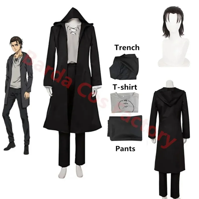 

Season 4 Attack on Titan Cosplay Jaeger Eren Cosplay Costume Uniform Wig Black Trench Anime Women Men Halloween Costumes