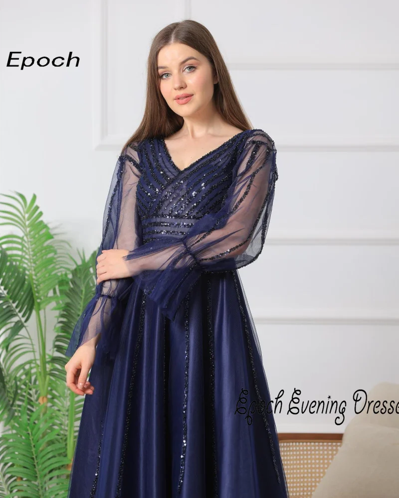 Epoch Evening Dress Elegant A-Line Shiny Sequined Lace Sleeve V-Neck Custom Made Sexy Cocktail Navy Blue Prom Gown Women 2024