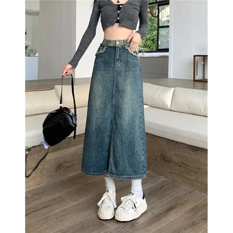 High Waist Denim  Midi Skirt Women's Straight A-Line Frayed Hem Slimming Split Spring Fashion Korean Style Commute