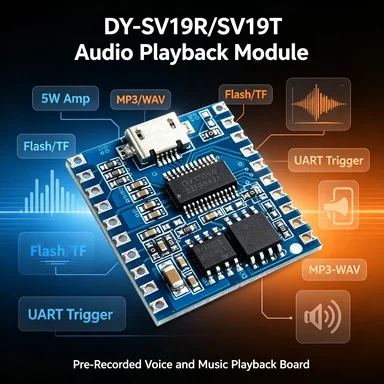 SV19R/SV19T Serial UART Voice Module, One-to-One Trigger, 5W Amp, 32Mbit Flash/TF 32GB, MP3/WAV