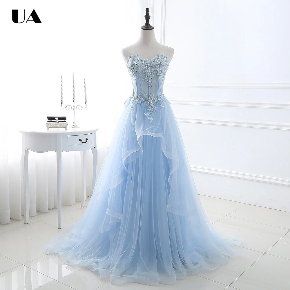 

ULBYANRY Customized Solid A-line Strapless Evening Dress, Sparkly Appliques Lace-up Party Dress, Elegant Sleeveless Prom Dress