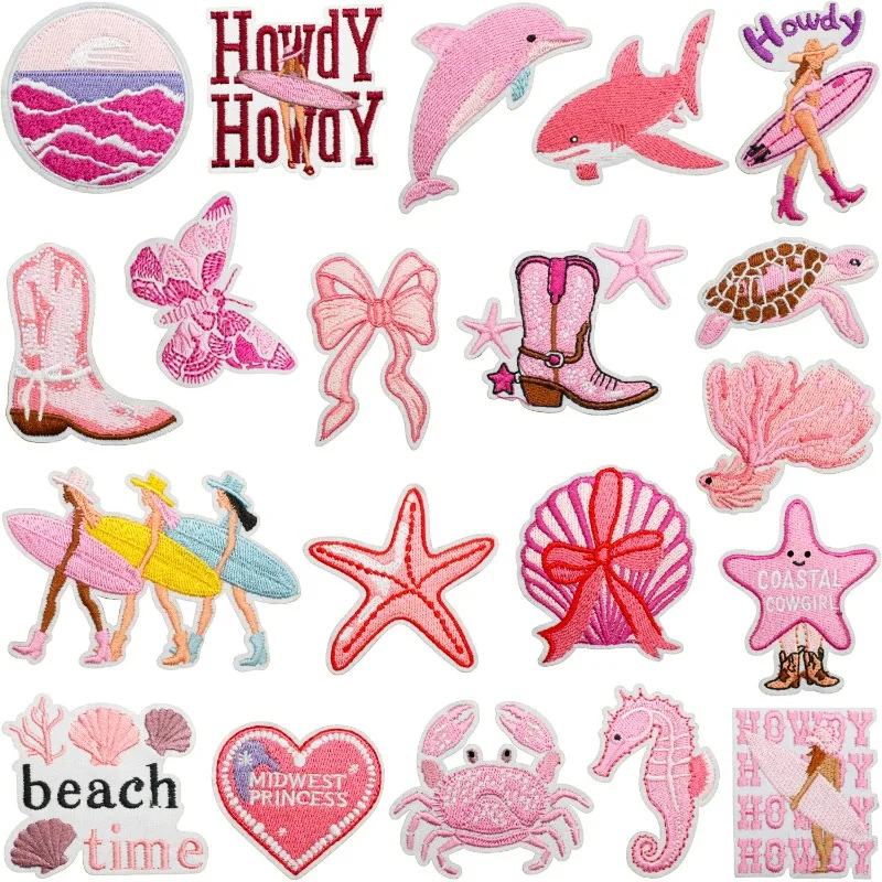 

Pink Surfing Fishing Beach Whale Girl Iron-on Sew Embroidery Badge Patches DIY T-shirt Hat Backpack Clothing Appliques Sticker