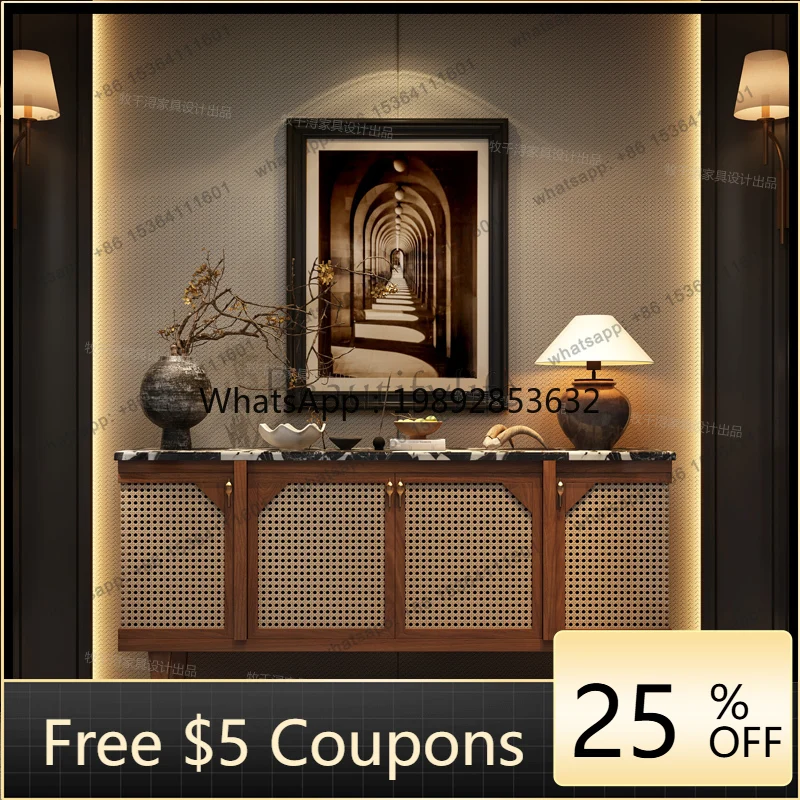 

W2 French retro solid wood entrance dining side cabinet wabi sandy rattan medium and ancient style locker