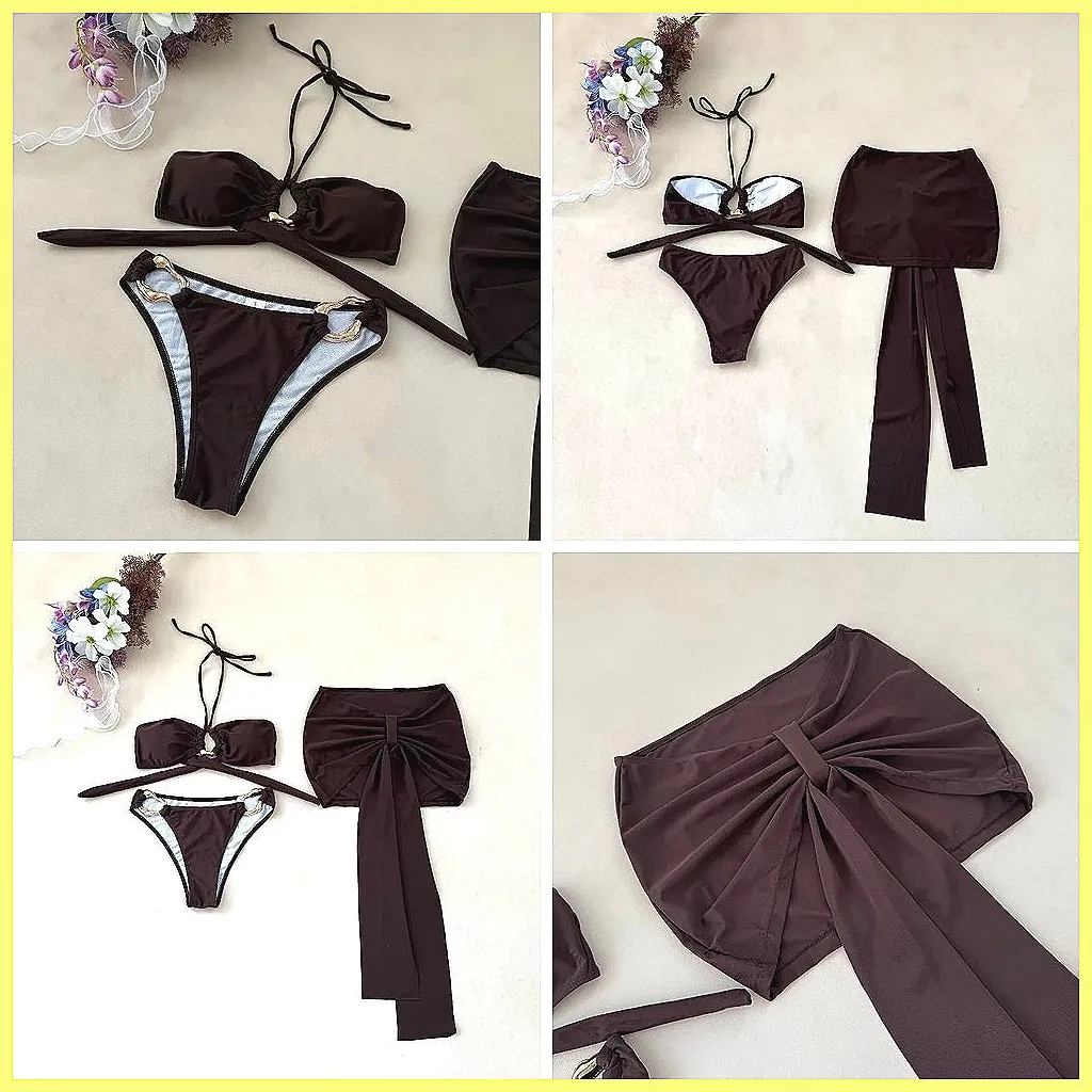 

Женский комплект бикини из 3 предметов с юбкой-накидкой - однотонный коричневый летний купальник