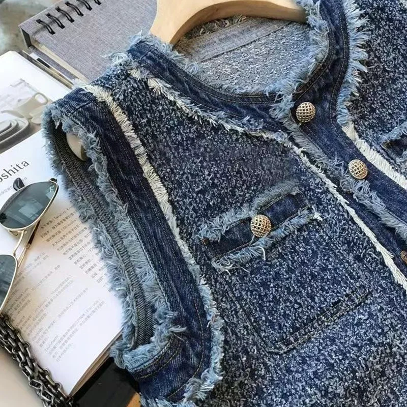 2023 New Women\'s Clothing Casual Autumn Fashion Loose Buttons Vintage Streetwear O-neck Sleeveless Temperament Patchwork Vests