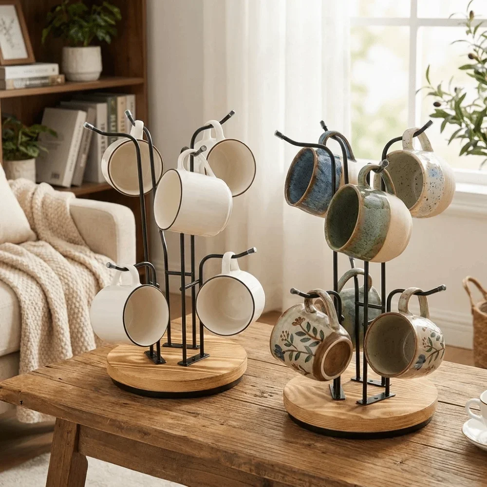 Wooden 360° Rotating Coffee Cup Holder Large Capacity Removable Mug Drying Rack with Hooks Space Saving Cup Tree Rack Bedroom