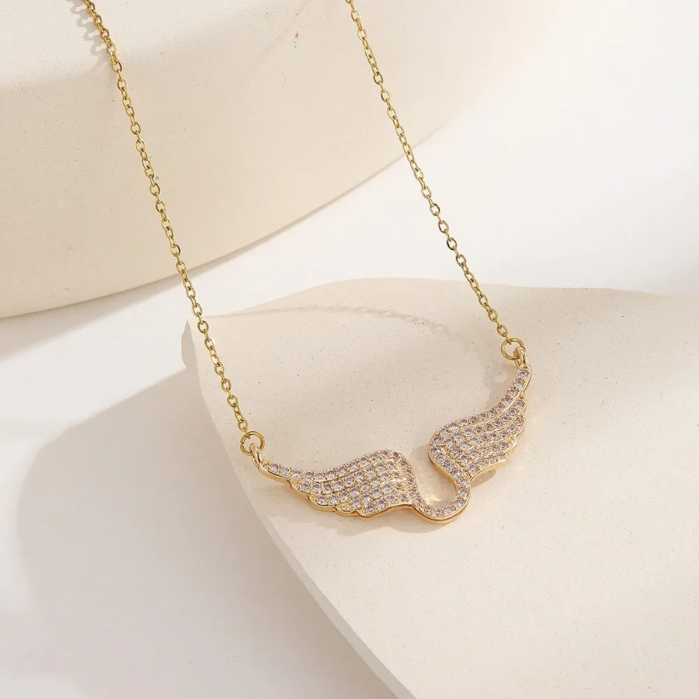 رائعة فاخرة مشرقة مليئة بالزركون الذهب اللون أجنحة الملاك قلادة للنساء مصمم الأزياء والمجوهرات والاكسسوارات #2