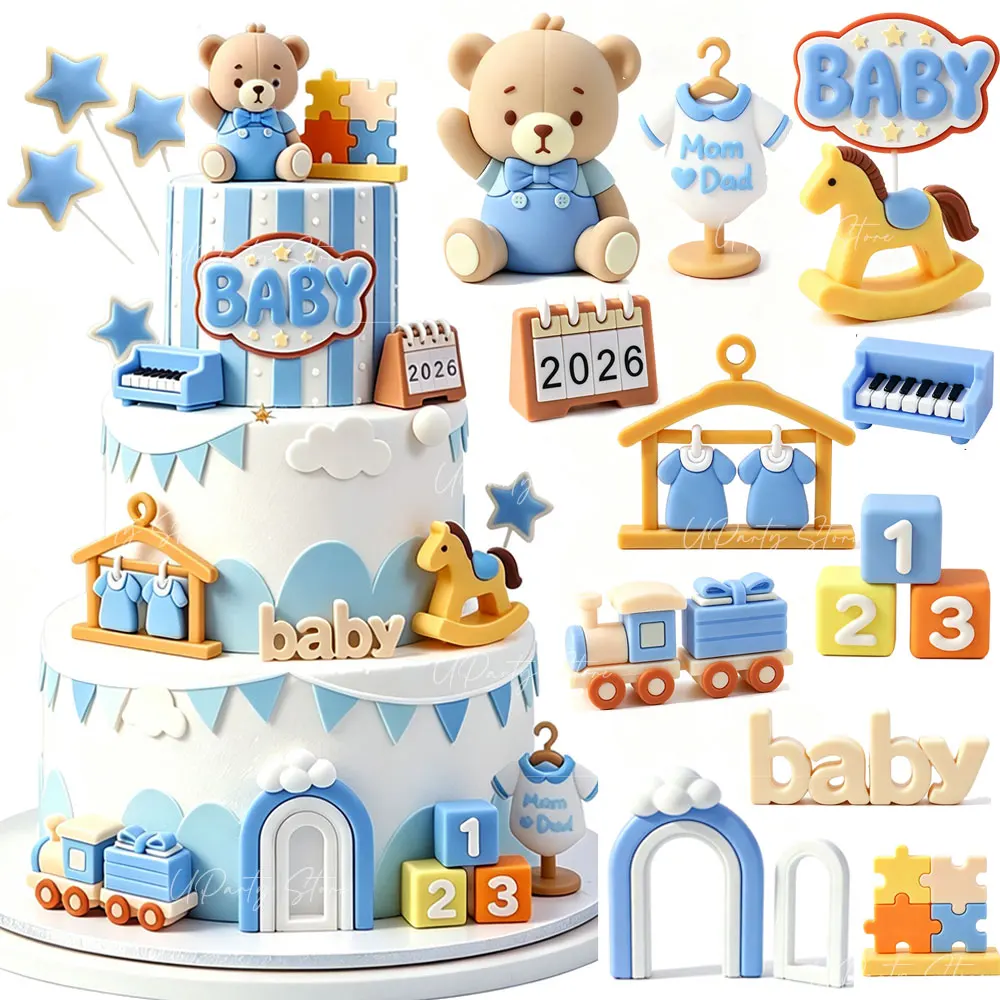 Blue Cake Toppers for Boys Baby Shower 3D Bear Trojan Horse Jumpsuit Train Building BABY Blocks for Birthday Cupcake Cake Decor