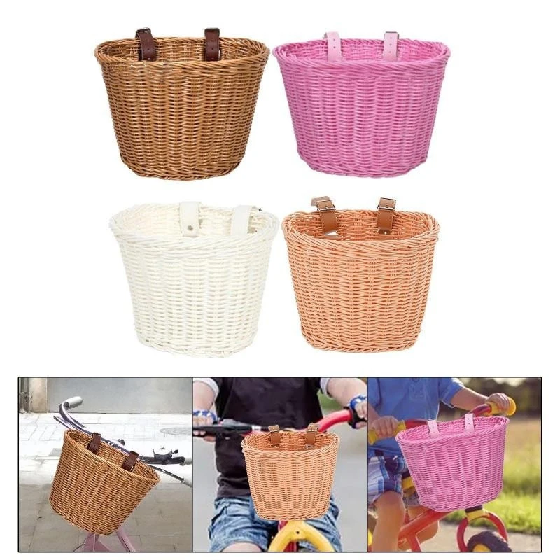 Bicycle Basket Rattan Woven Bike Storage Front Handlebar Basket Removable Waterproof Bicycle Pannier Basket Kid Bike Carrier Bag