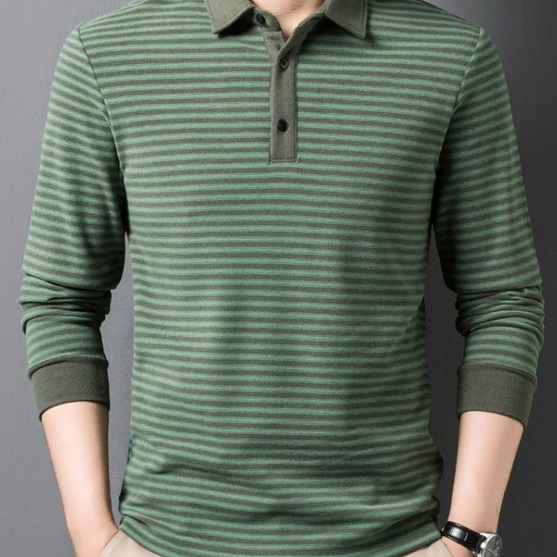 Premium Merino Wool Long Sleeve Polo Shirt Men Striped Warm Base Layer Top