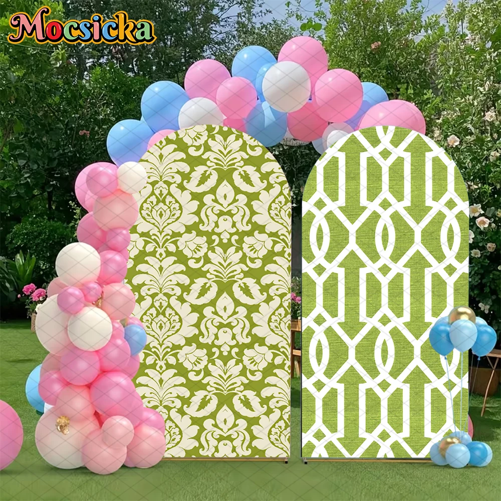 Mocsicka Green Arch Cover Background Kid Baby Shower Party Photo Arched Backdrop Flower Grid Geometry Pattern Decor Studio Props