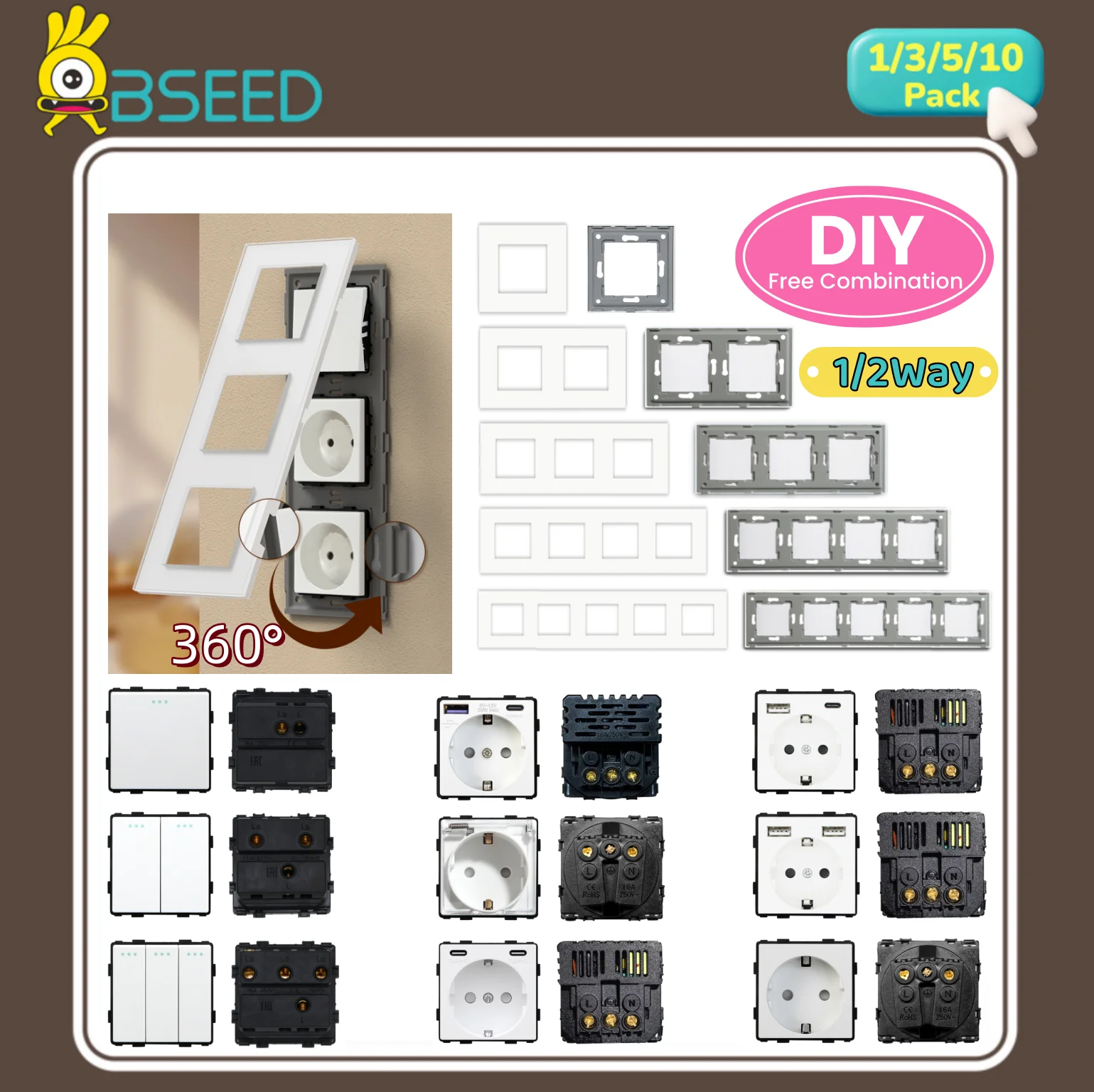 BSEED Wall Light Switch 1/2Way Part Mechanical Switches 1/2/3Gang Plastic Wall Socket USB Type-C Port EU DIY Free Combination