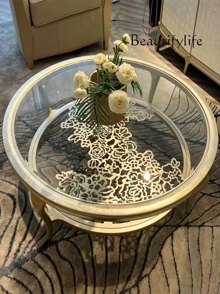 American Creative Living Room Solid Wood Stainless Steel Hollow round Coffee Table Simple Modern Light Luxury Glass Tea Table