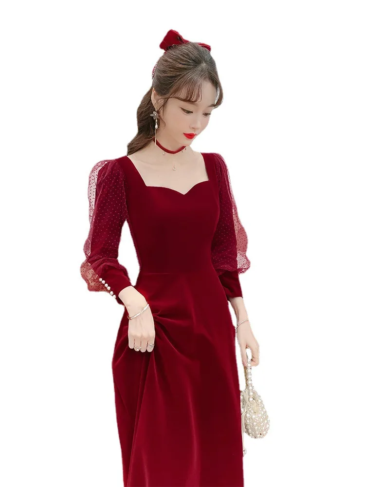 Temperament Burgundy Prom Dress New Elegant Velvet Square Collar Long Sleeve Off Shoulder Ankle-Length Engagement Vestidos