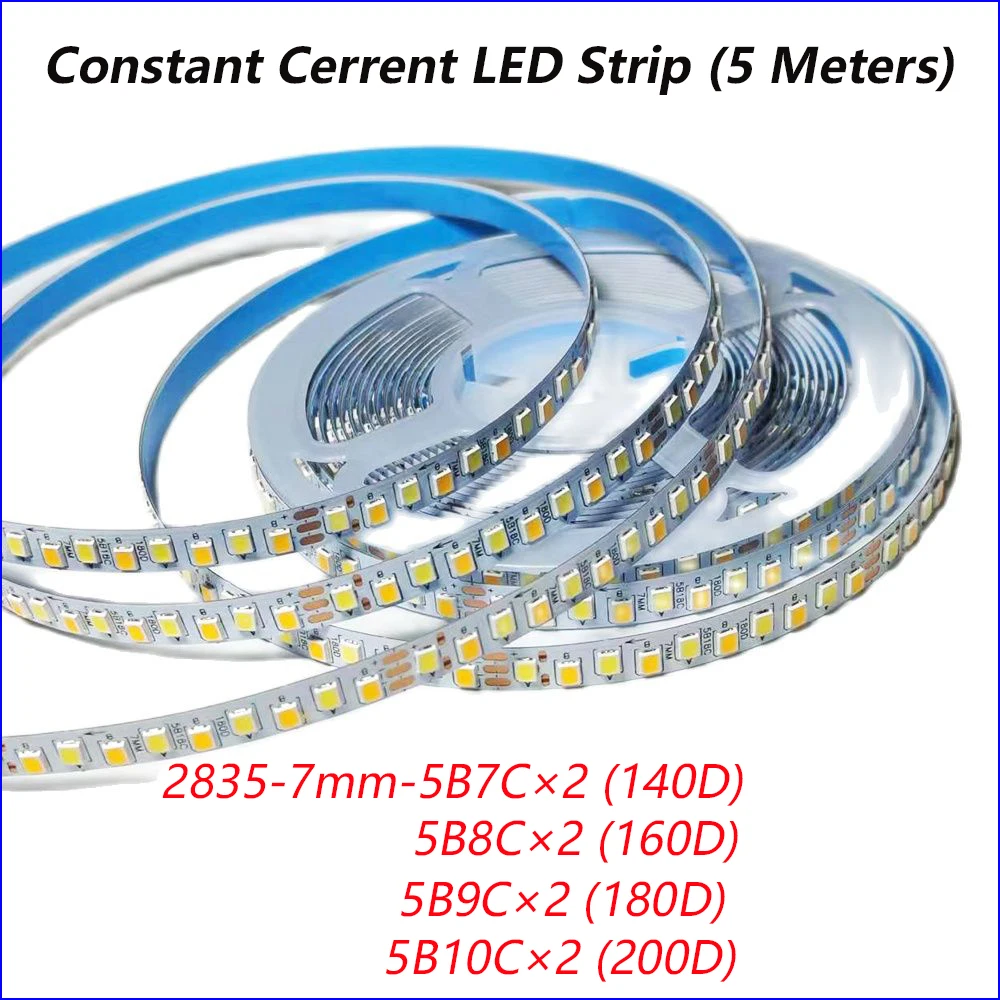 (3 solder joints) 3colors 5meter 2835-7mm-140D/160D/180D/200D SANAN Highlight Chip Constant Current LED Strip 20W×2/meter 7mm.