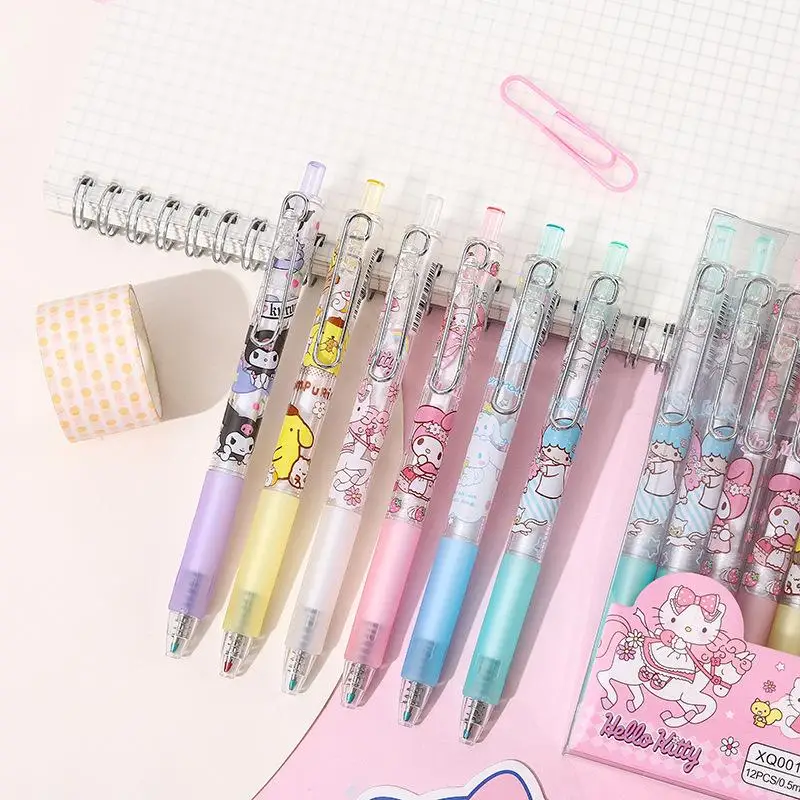 1Pcs Kawaii Sanrioed Metal Hook Press Pen Cartoon Little Twin Star Melody Purin Gel Pen Student Stationery Writing Pen Kids Gift