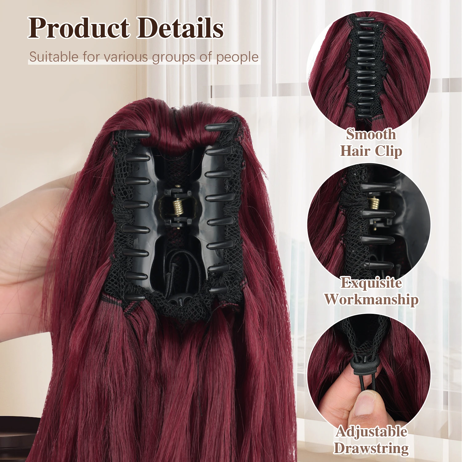 Claw Ponytail Extensions 20inch Wavy Clip Claw Ponytail Hair Synthetic Burg hairpieces for Women Ladies Daily Party Holiday view 4