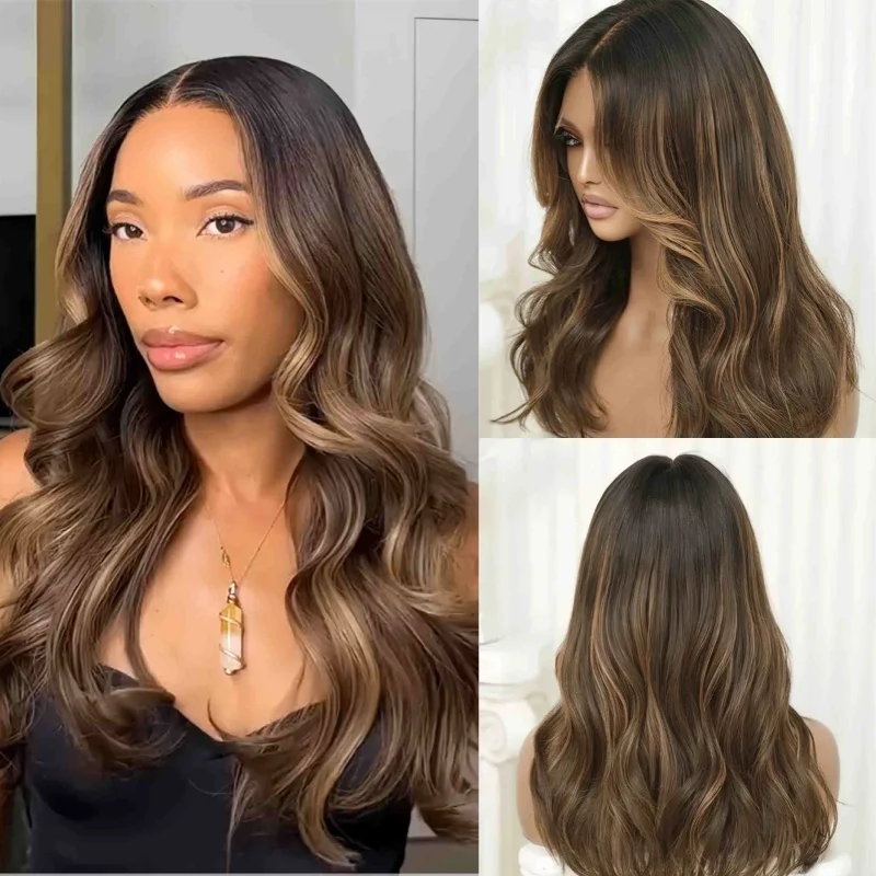 

Парик с эффектом омбре, темно-карамельно-коричневый, с HD-кружевной передней частью, высококачественный синтетический парик без клея, с предварительно выщипанной линией роста волос, для вечеринок, повседневного использования и косплея