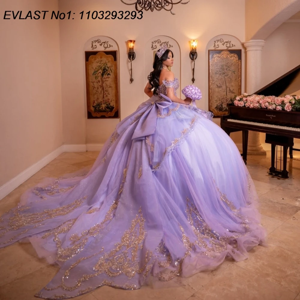 EVLAST Customized Luxury Lilac Quinceanera Dress Ball Gown Gold Lace Applique Beading Bow Sweet 16 Vestidos De 15 Anos AQ318