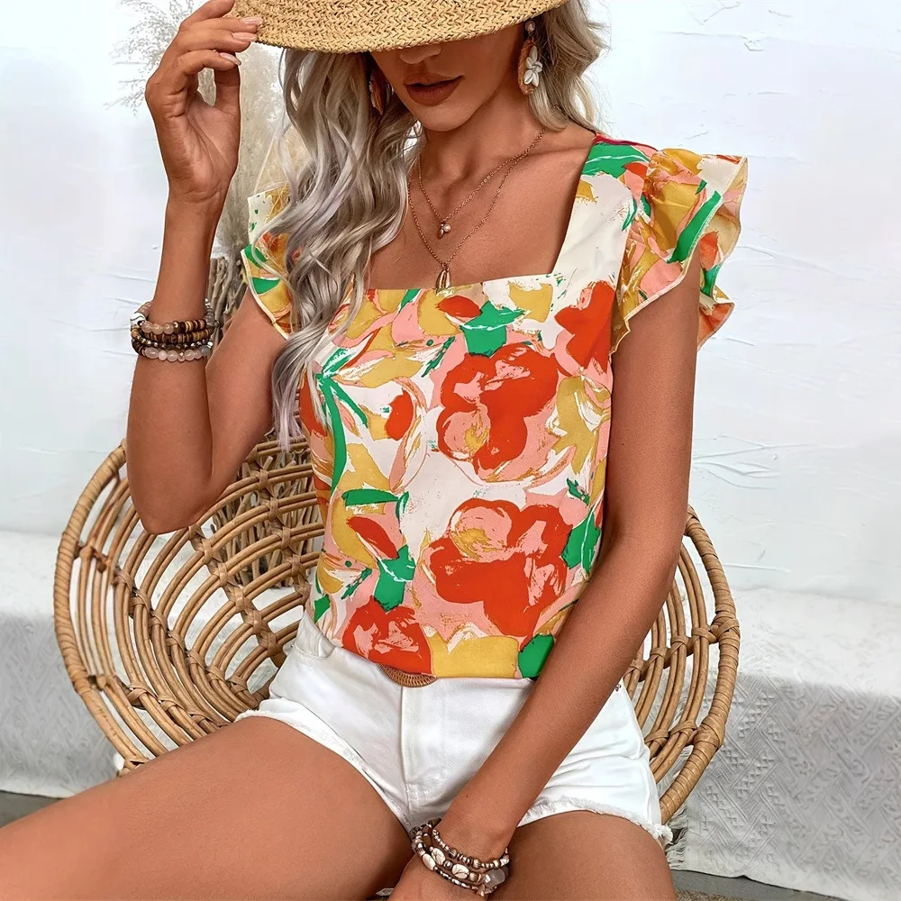 Einfache Damen-Kleidung mit kurzen Ärmeln und Blumendruck, schönes Kurzarm-T-Shirt mit quadratischem Kragen, trendige Mode für Damen, Streetwear