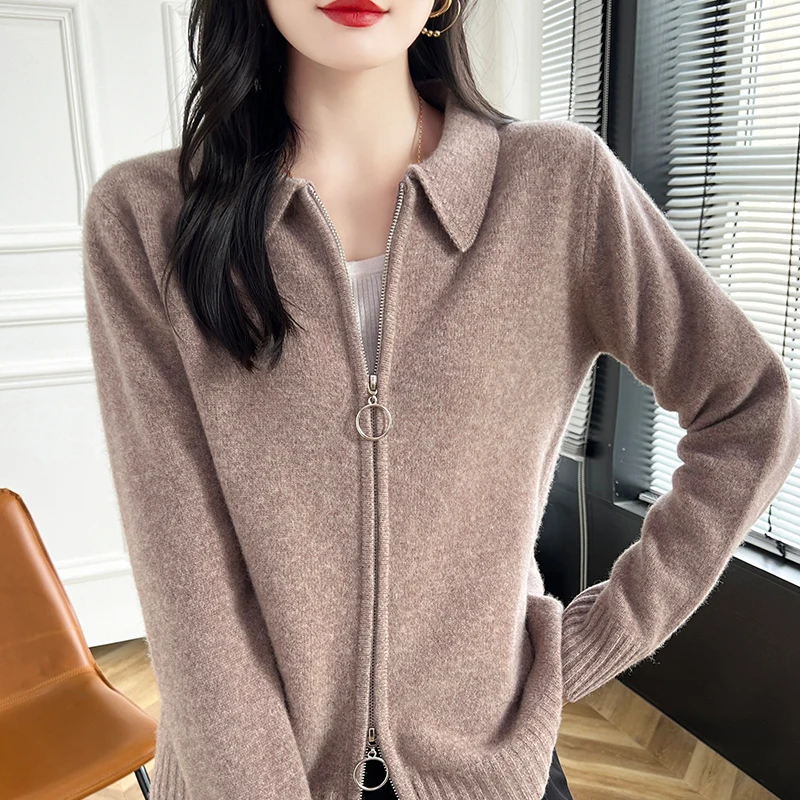 100% Pure Wool Zipper Cardigan Padded Shoulder Stand Collar Women's Cashmere Knitted Coat New Lapel Sweater