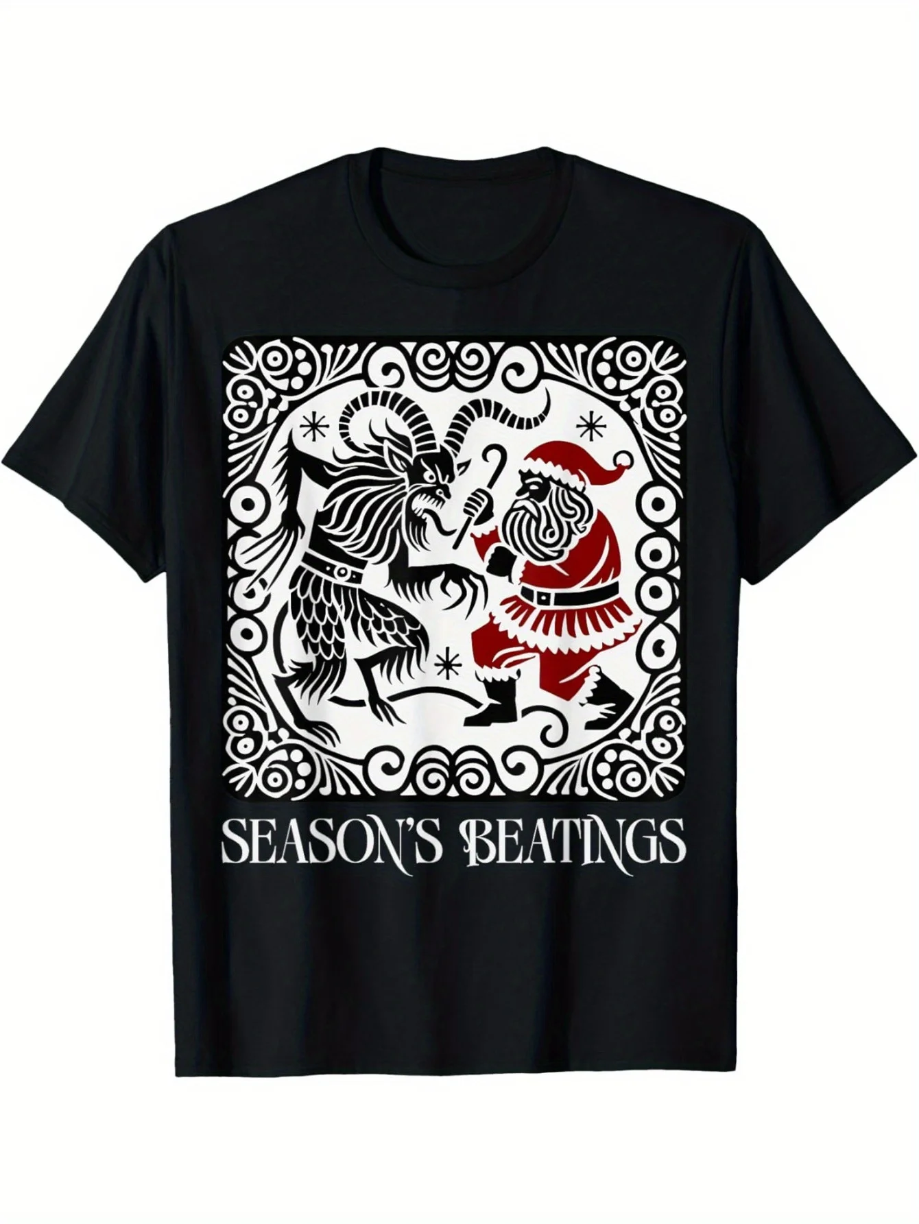 

Men's Funny Krampus vs Santa Seasonal Beatings Design T-Shirt Graphic Tee with Snowflakes Stars Casual Loose Round Neck Shirt
