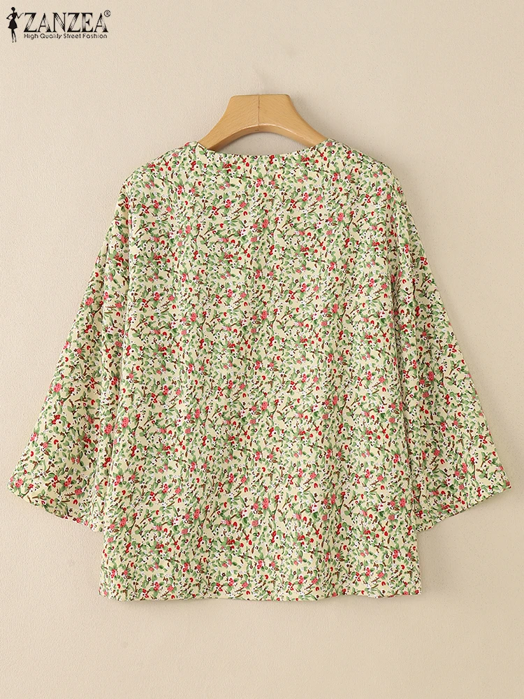 2025ZANZEA Herfst Gedrukt Blouses Vrouwen V-hals 3/4 Mouw Tops Casual Vakantie Shirt Losse Chemise Vrouwelijke Bloemen Tuniek Mujer