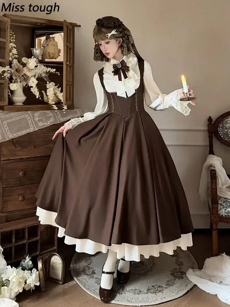 Fall Winter Vintage French Elegant Lolita Japanese Women's 3 Pieces Set Brown Jacket + White Shirt + Midi Skirt Harajuku Outfits view 6
