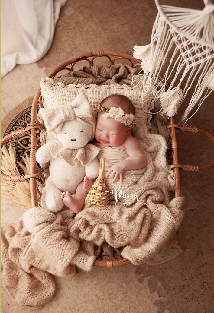 Adereços para fotografia de recém-nascidos, retrô, rattan, berço, roupa de malha, faixa floral, urso, boneca, decoração, acessórios para estúdio fotográfico