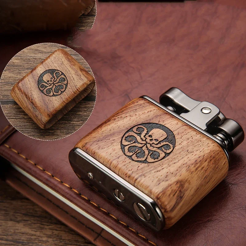 Classic Wooden Carved Kerosene Lighter, Retro Style Mechanical Push Ignition, Exquisite Gifts for Men, Cigarette Accessories