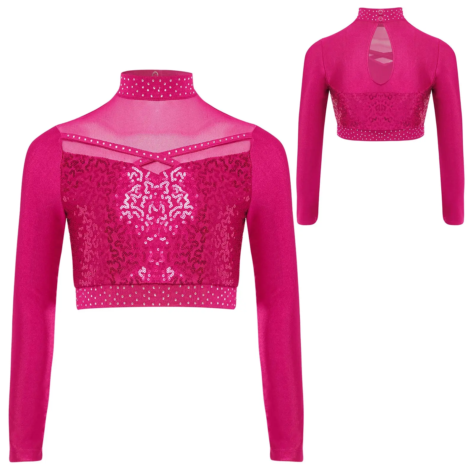 

Kid Girls Figure Skating Jazz Modern Dance Costume Ballet Tango Stage Dance Top Long Sleeve Sheer Mesh Patchwork Sequin Crop Top