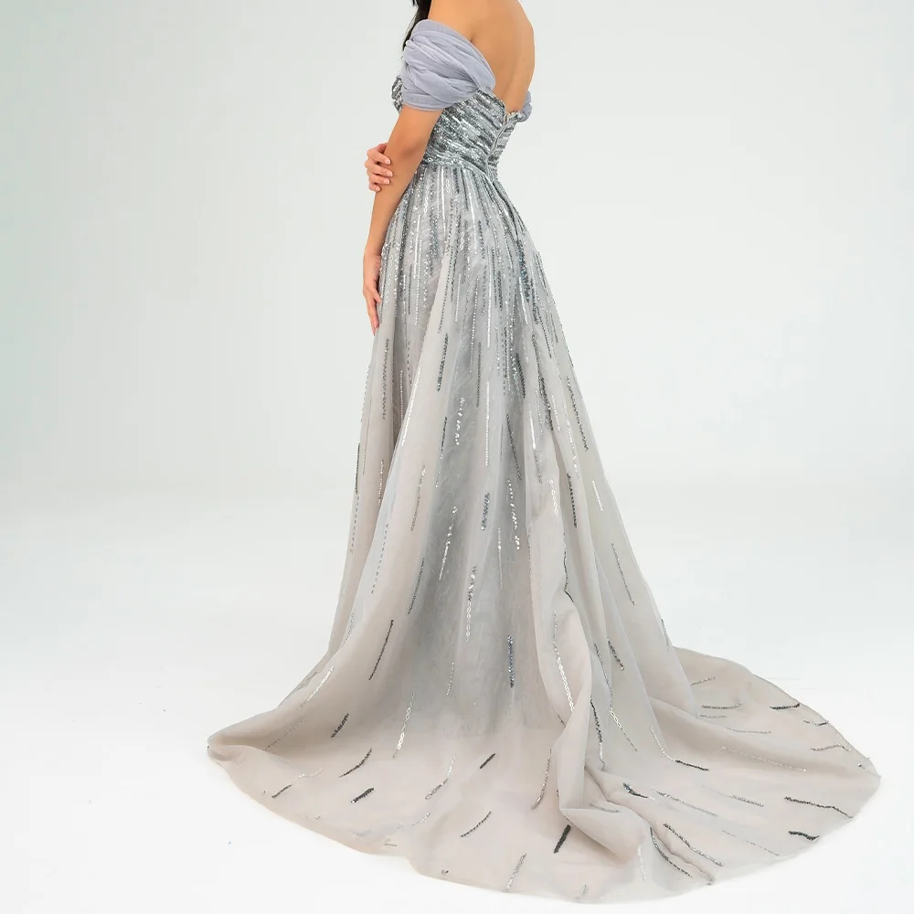 Straight Front Slit Off the Shoulder Organza Photo Color Graceful and Sexy Prom Gowns Panel Train Sequined Pleats Zipper Back