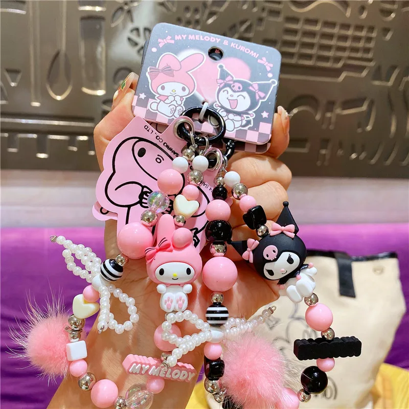 Kawaii Kuromi Mymelody Bead Mobile Phone Chain Cute Charm Phone Rope Knot Cellphone Lanyard Keychain Pendant for Earphone Case