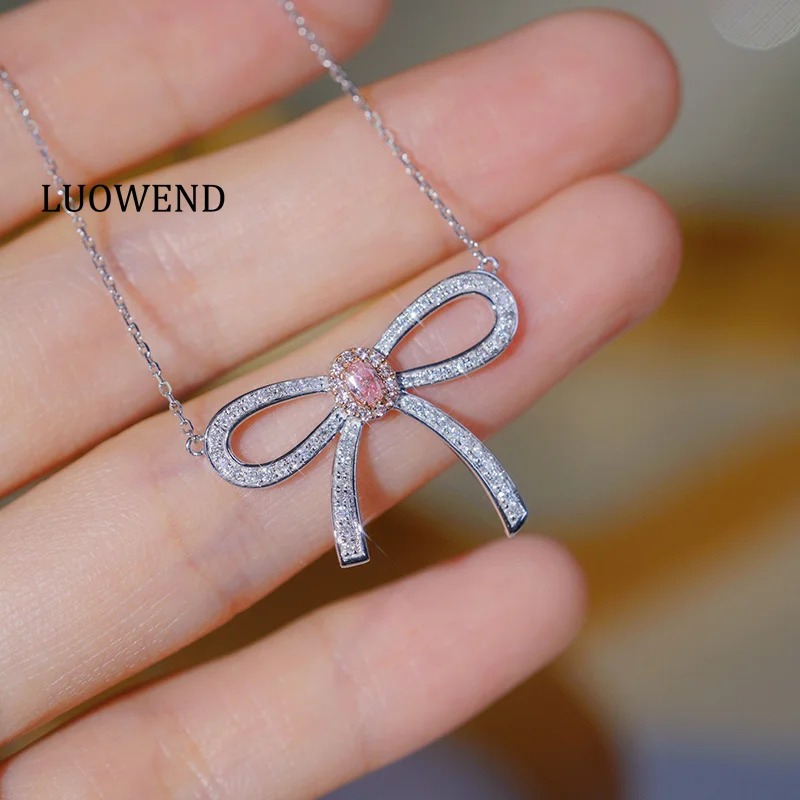 LUOWEND 100% 18K White Gold Necklace Romantic Bowknot Shape Real Natural Pink Diamond Pendant Necklace for Women Fine Jewelry