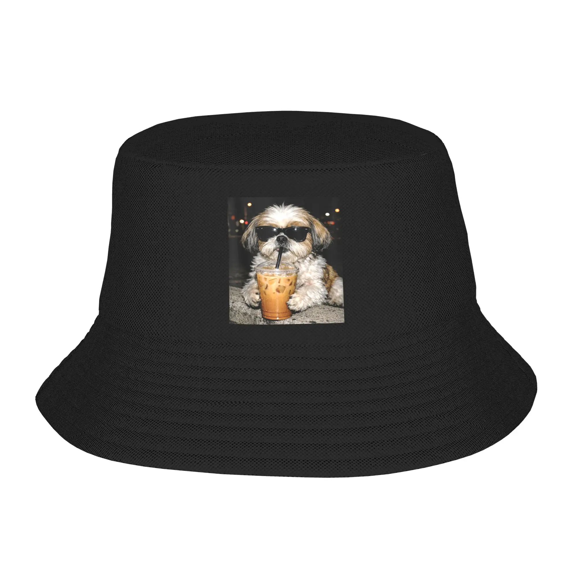 Funny Shih Tzu Drinking Iced Coffee Dog Meme Bucket Hat Outdoor Fisherman Caps For Unisex Classic Vacation Hats Foldable Cap