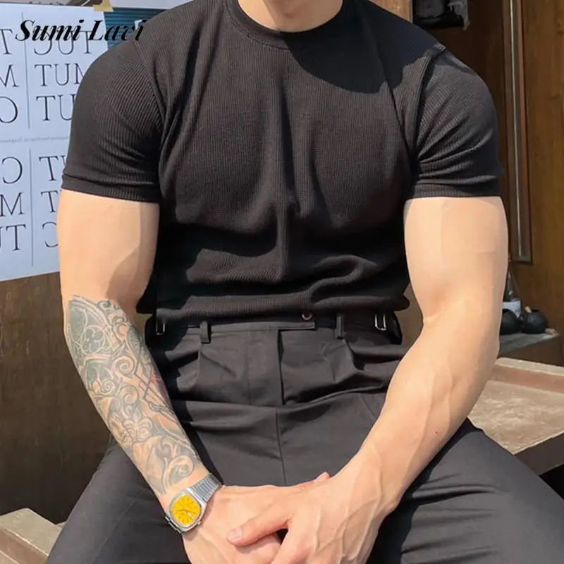 

Fashion Elastic Slim T Shirts Mens Knitting Solid Color Short Sleeve O Neck Tees Summer Daily Casual Breathable Men's Pullovers