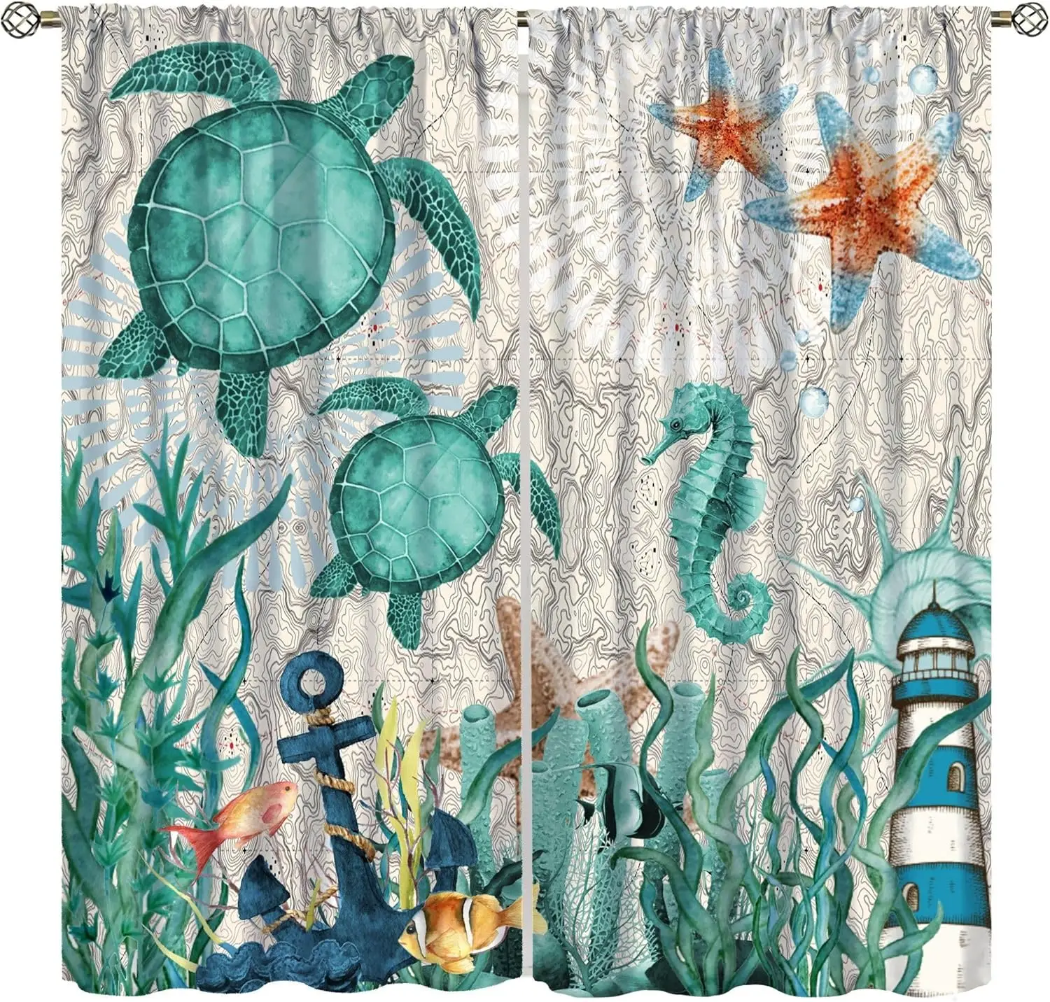 Turtle Ocean Curtains for Kitchen,Undersea Coral Marine Starfish Shells Boat Anchors Sea Seahorses Marine Animals Window Drapes