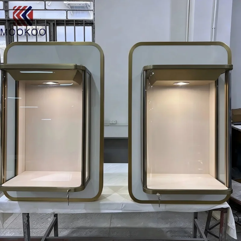 custom.Wall Mounted Recessed Jewelry Display Cabinet Gold Frame Glass Showcase With LED Spotlights Luxury Jewellery Boutique