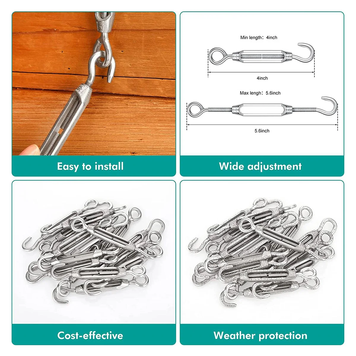 Gancho e olho tensor para cabo de fio, corda de tensão, DIY String Light, Imagem Hanging Tent, M4Mm4Pc, 32 pcs