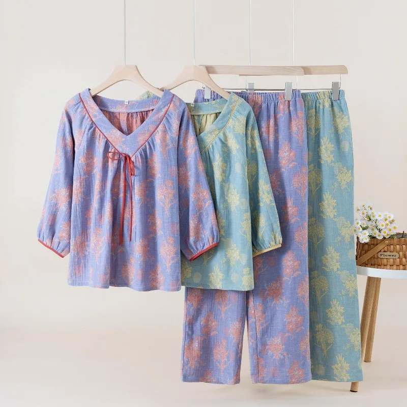 Women's 2025 National Style Pajamas Set Pure Cotton Double-layer Gauze Nine-point Sleeve Thin Spring Trousers Loungewear 2 Piece