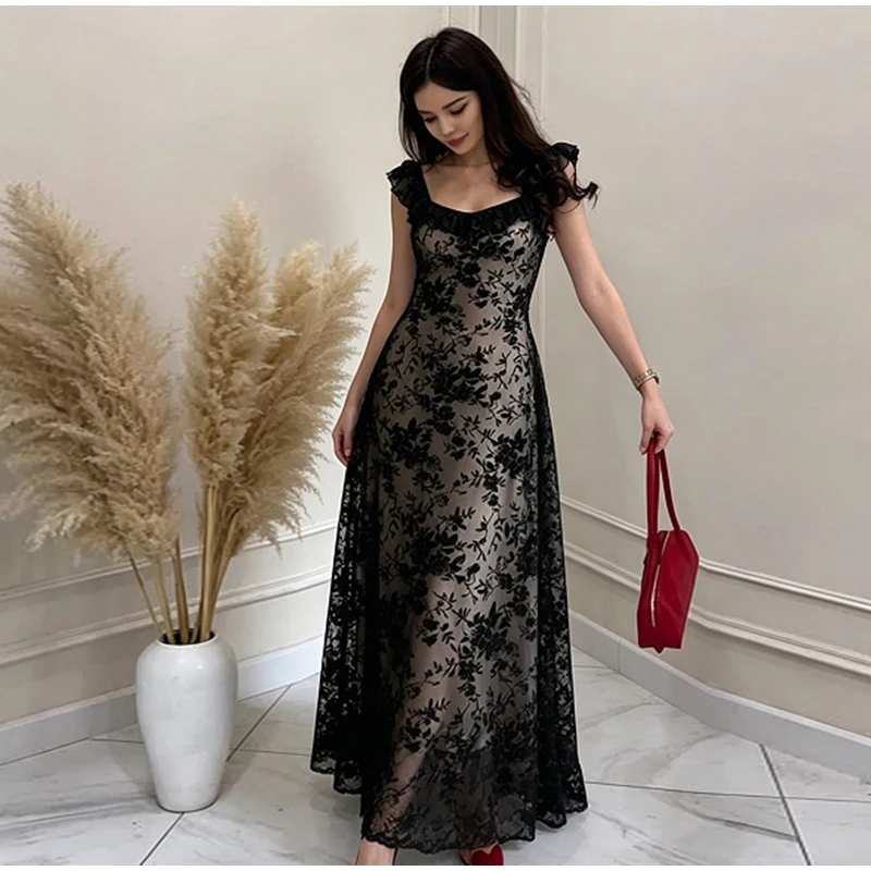 Damen Schwarzes Blumen-Spitzen-Maxikleid Schulterfreies Rüschen-Trägerkleid Transparentes Mesh-Bodycon-Kleid 2026 Elegantes Abend-Party-Cocktailkleid – Detail 6