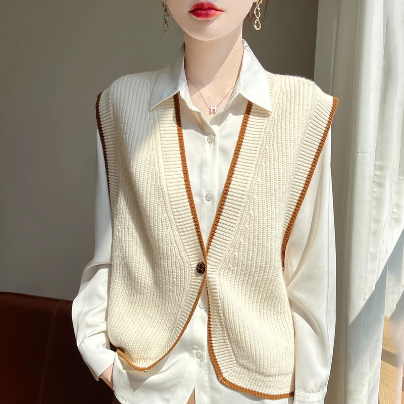 

New Autumn Women's V-neck Knitted Cardigan Vest Winter 100% Australian wool Layered Camisole Loose Sleeveless Sweater Jacket Top