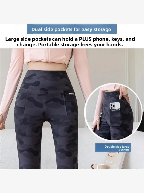 Faionable camuflagem sino bot calças finas duplo ket arca calças de yoga femininas levantamento de bunda calças compridas senhoras premium