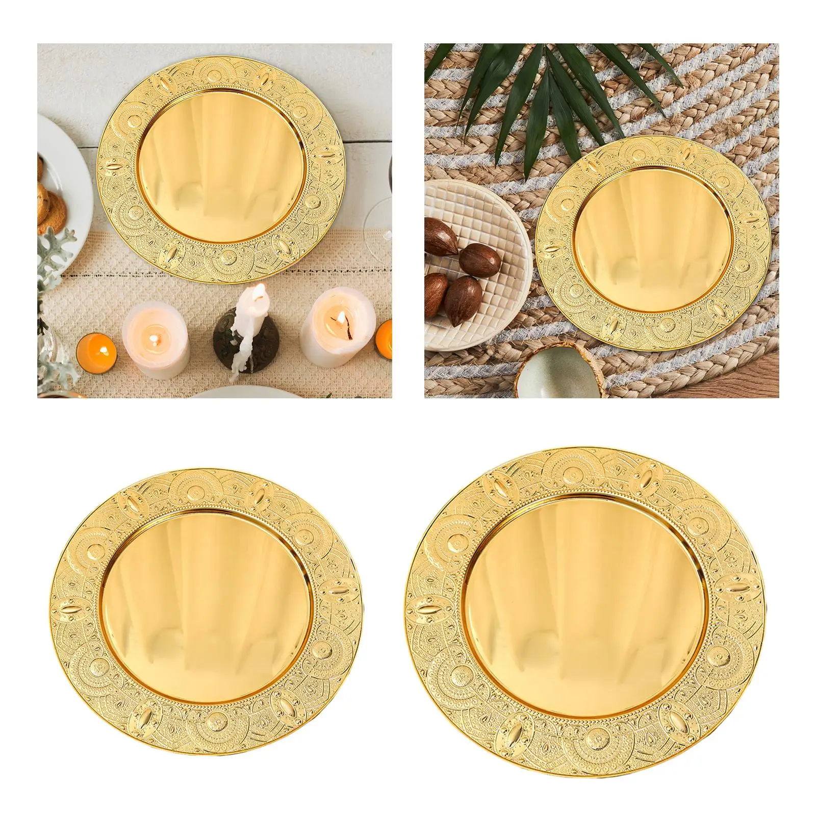 Round Metal Fruit Plate Dinner Plate Desktop Decoration Multipurpose Cosmetics Organizer for Home Kitchen Camping Golden Color