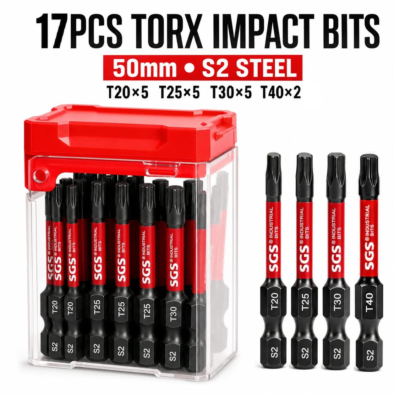 15/17-teiliges 50mm Magnetisches Torx-Schlagschrauber-Bit-Set T20 T25 T30 T40, S2-Stahl 1/4 Zoll Sechskant-Bit-Set mit Koffer für Terrassendielen- und Möbelreparatur – Detail 3