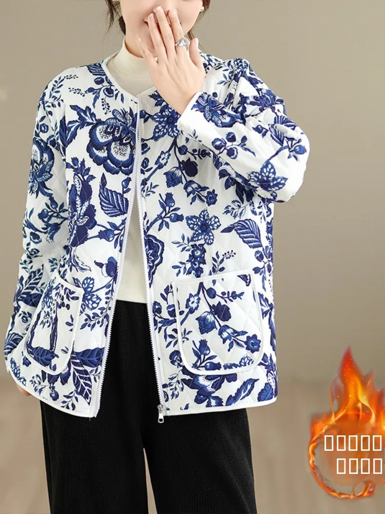 

Женская утепленная куртка с цветочным принтом в стиле ретро, с круглым вырезом, на молнии, с хлопковым наполнителем, в китайском стиле, весна-осень
